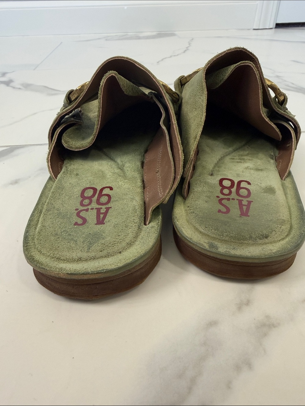 A.S.98 Olive Green Leather Mules with Gold Chain Accent - Picture 4 of 7